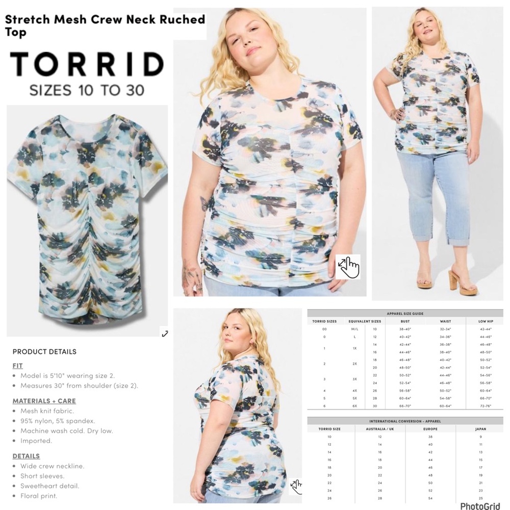 Torrid 2 plus size floral stretch mesh ruched blouse NWT